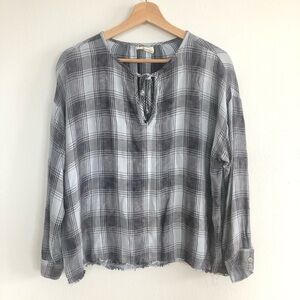Bella Dahl boxy plaid tie neck blouse frayed hem